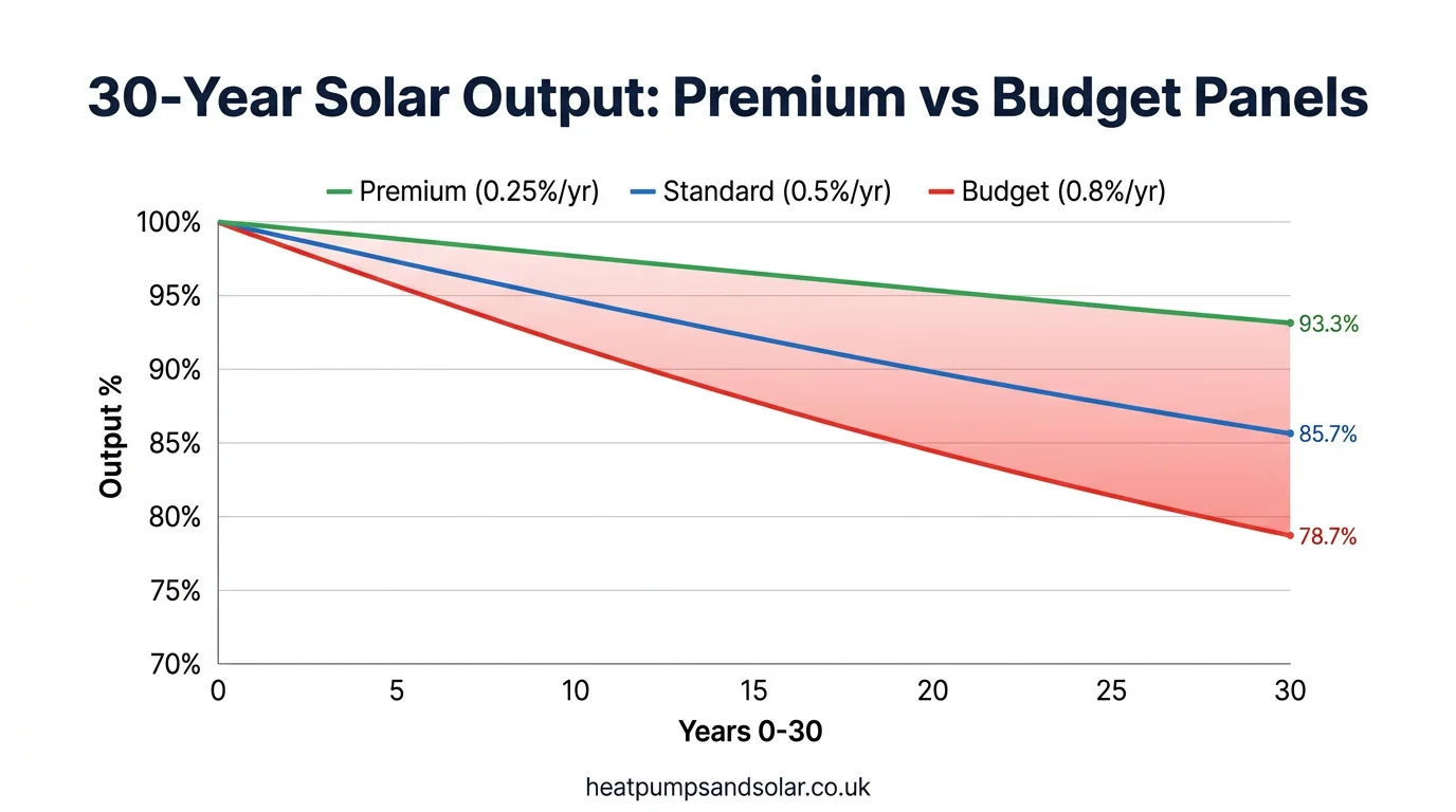 30-year solar panel degradation chart — premium vs standard vs budget panel output over time
