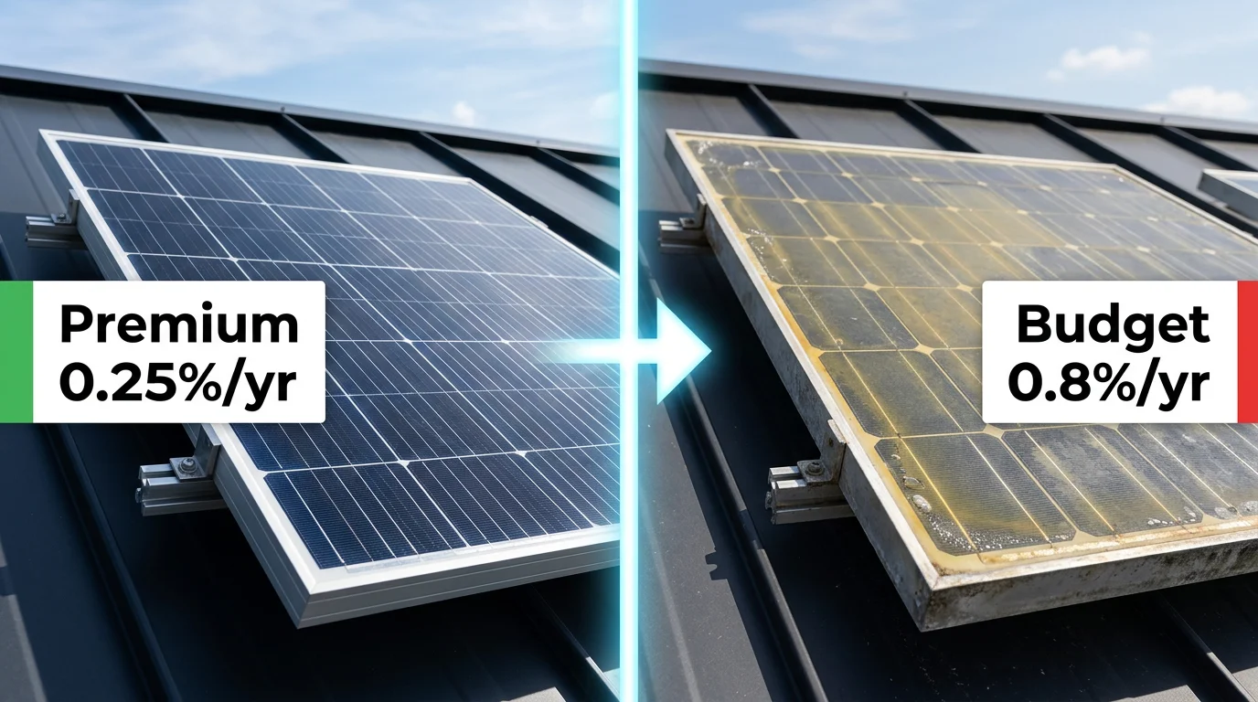 Solar panel quality comparison — premium vs standard vs budget specifications, degradation rates, and warranty terms for UK installers