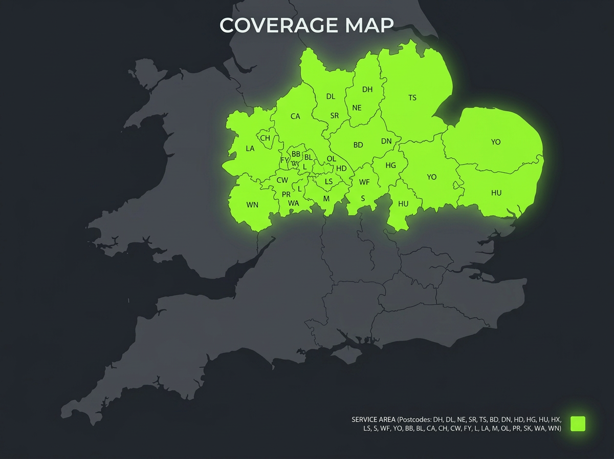 GEC Power coverage map showing service areas highlighted in green on a UK map