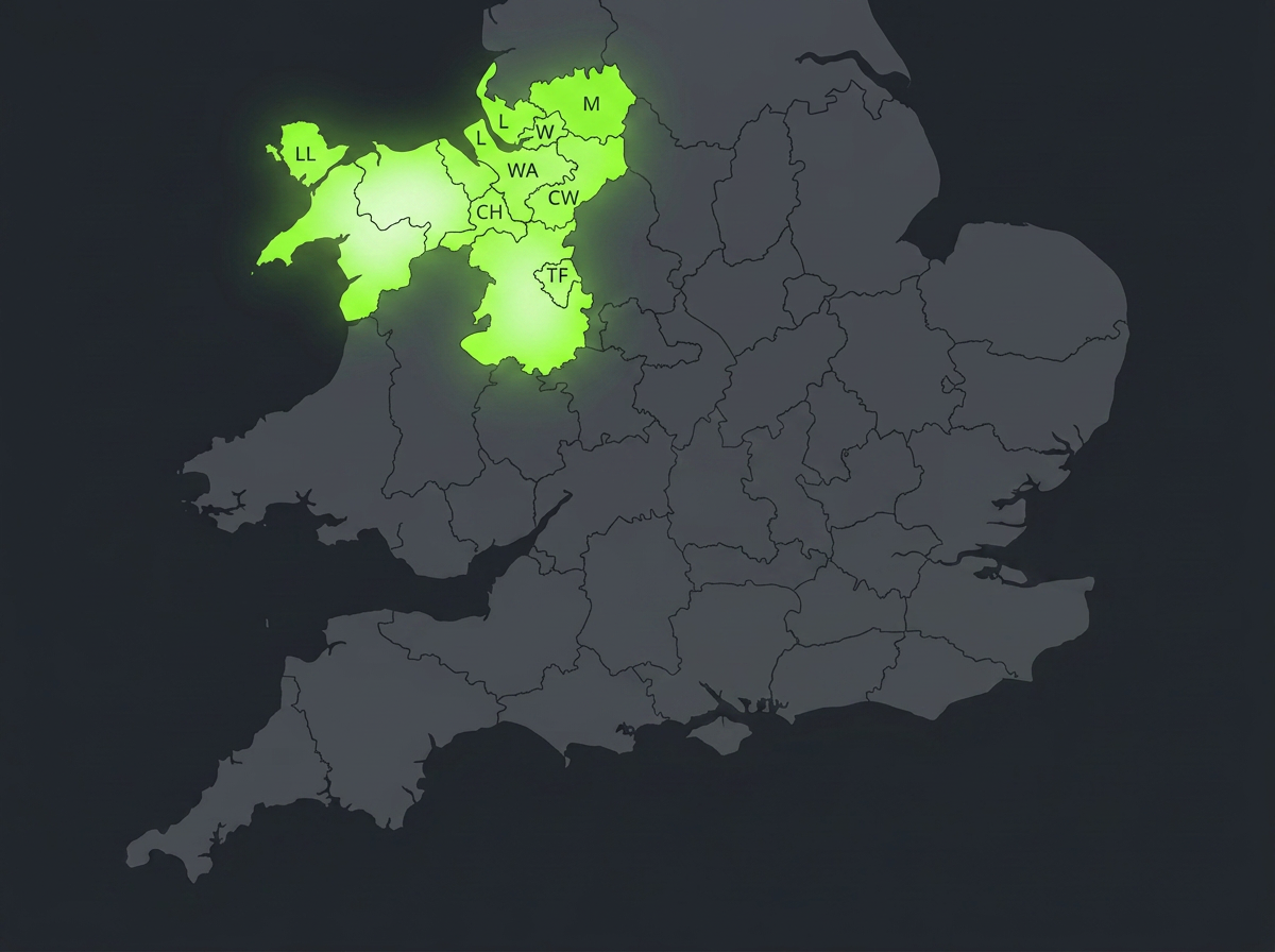 Gwella Group coverage map showing service areas highlighted in green on a UK map