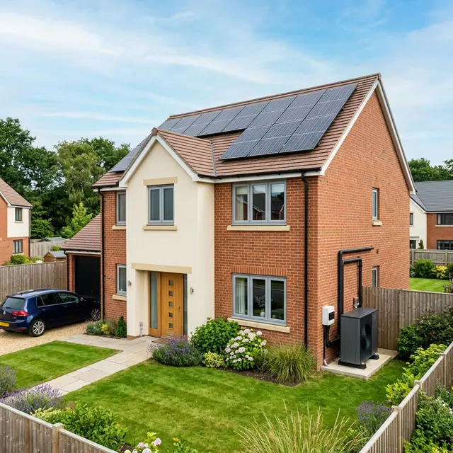 Solar panels and heat pump unit installed on a modern UK home