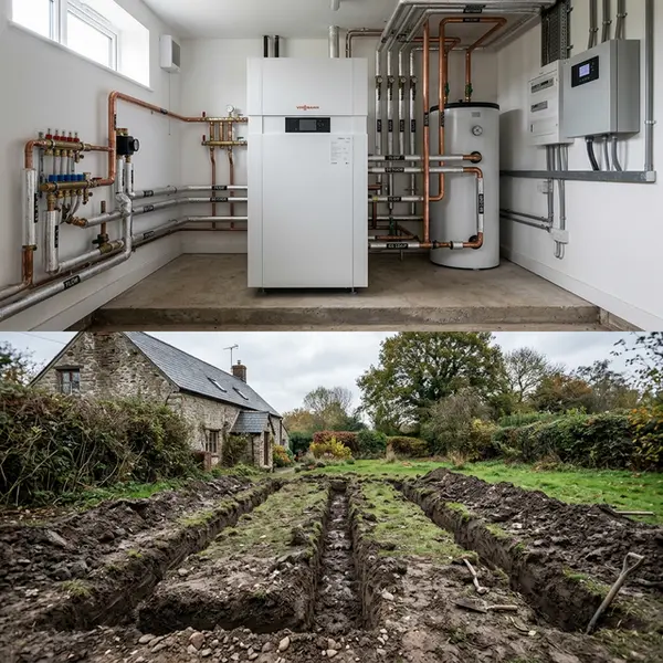 Ground source heat pump installation with ground loop pipework
