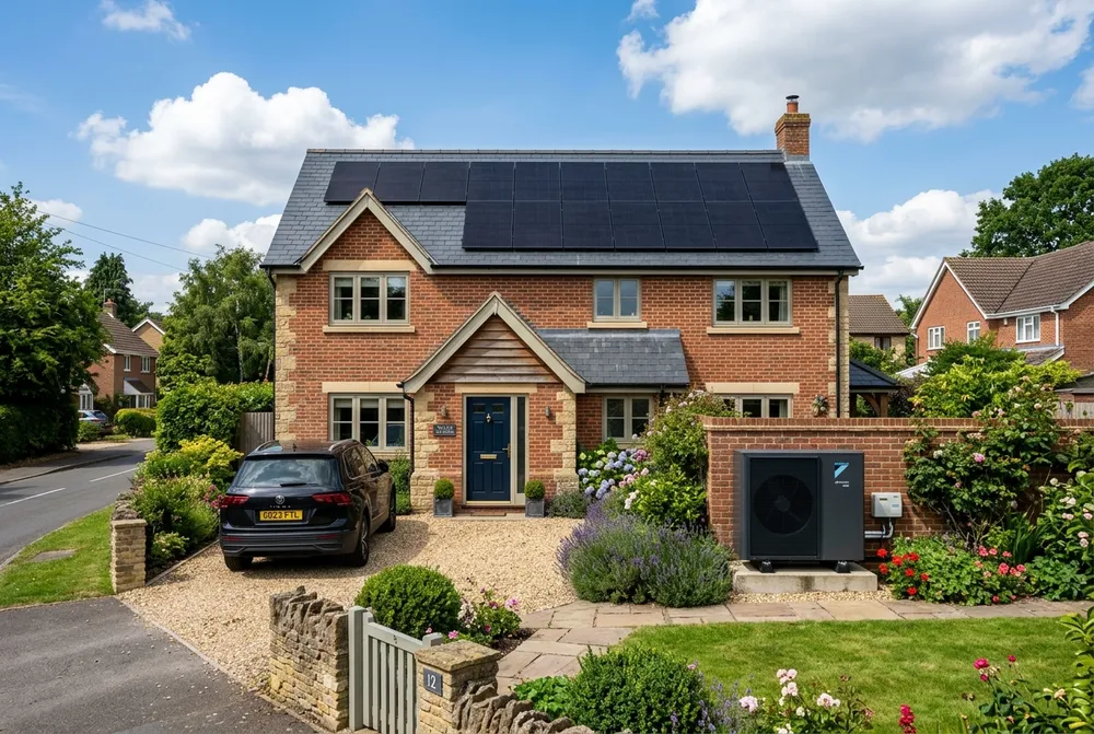 UK residential home equipped with rooftop solar panels and discreet air source heat pump