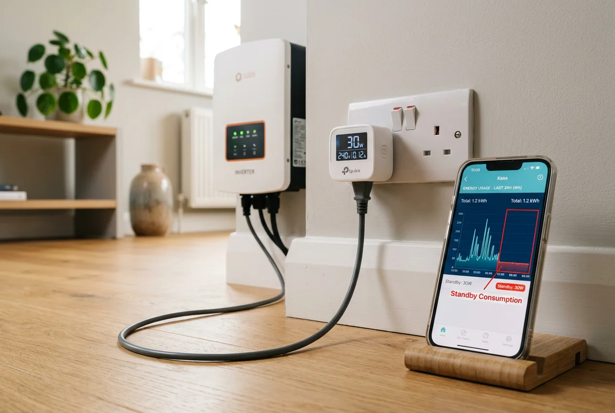 Smart plug energy monitor measuring solar inverter standby consumption — how to find your inverter's real overnight power draw