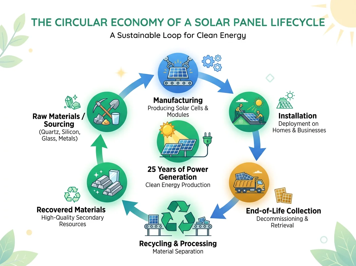 Solar panel circular economy — responsible recycling and reuse of materials for a sustainable clean energy transition
