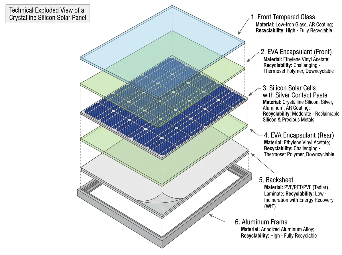 Exploded diagram of solar panel materials — glass, silicon wafer, EVA encapsulant, copper wiring, aluminium frame, and silver contacts