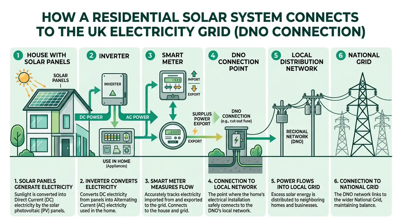 How a residential solar system connects to the UK electricity grid via a Distribution Network Operator — steps from panels to inverter to smart meter to DNO connection
