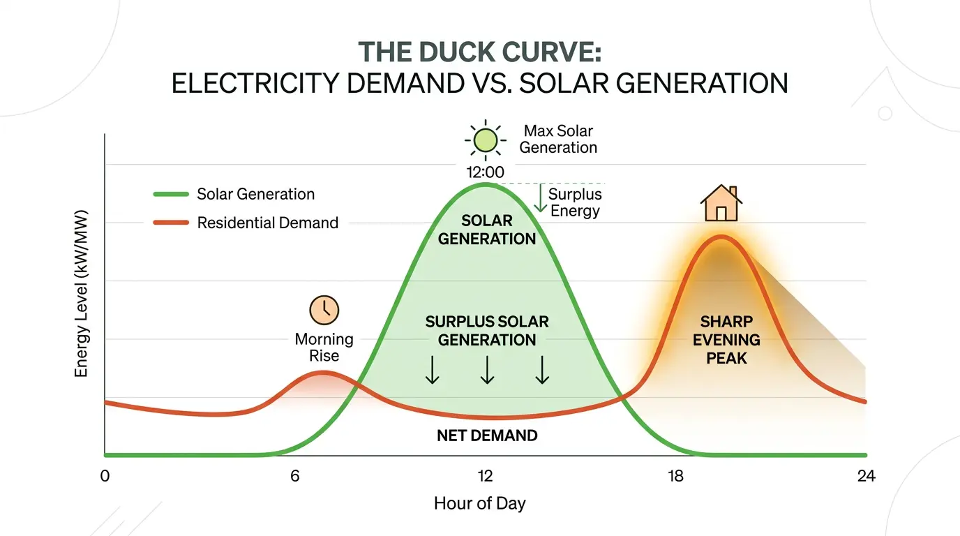 The duck curve: solar generation peaks at midday while home electricity demand peaks in the evening — a battery bridges this gap