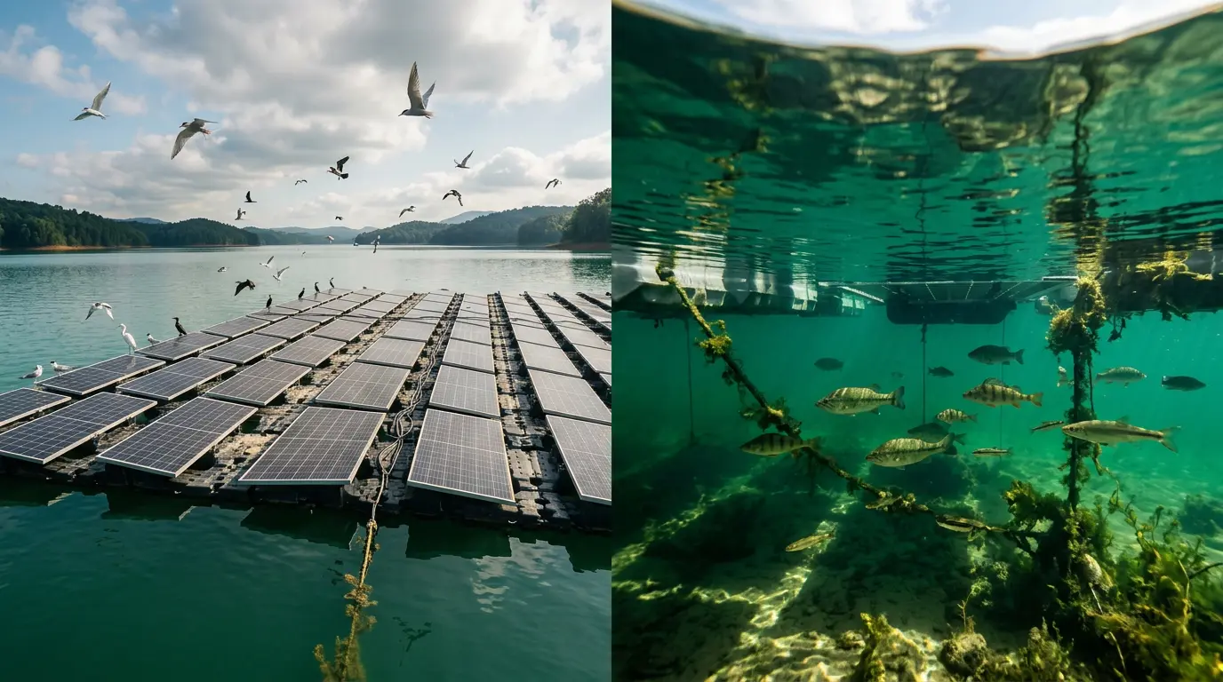 Floating solar ecology balance — above water showing panels with birds, below water showing fish beneath the panels