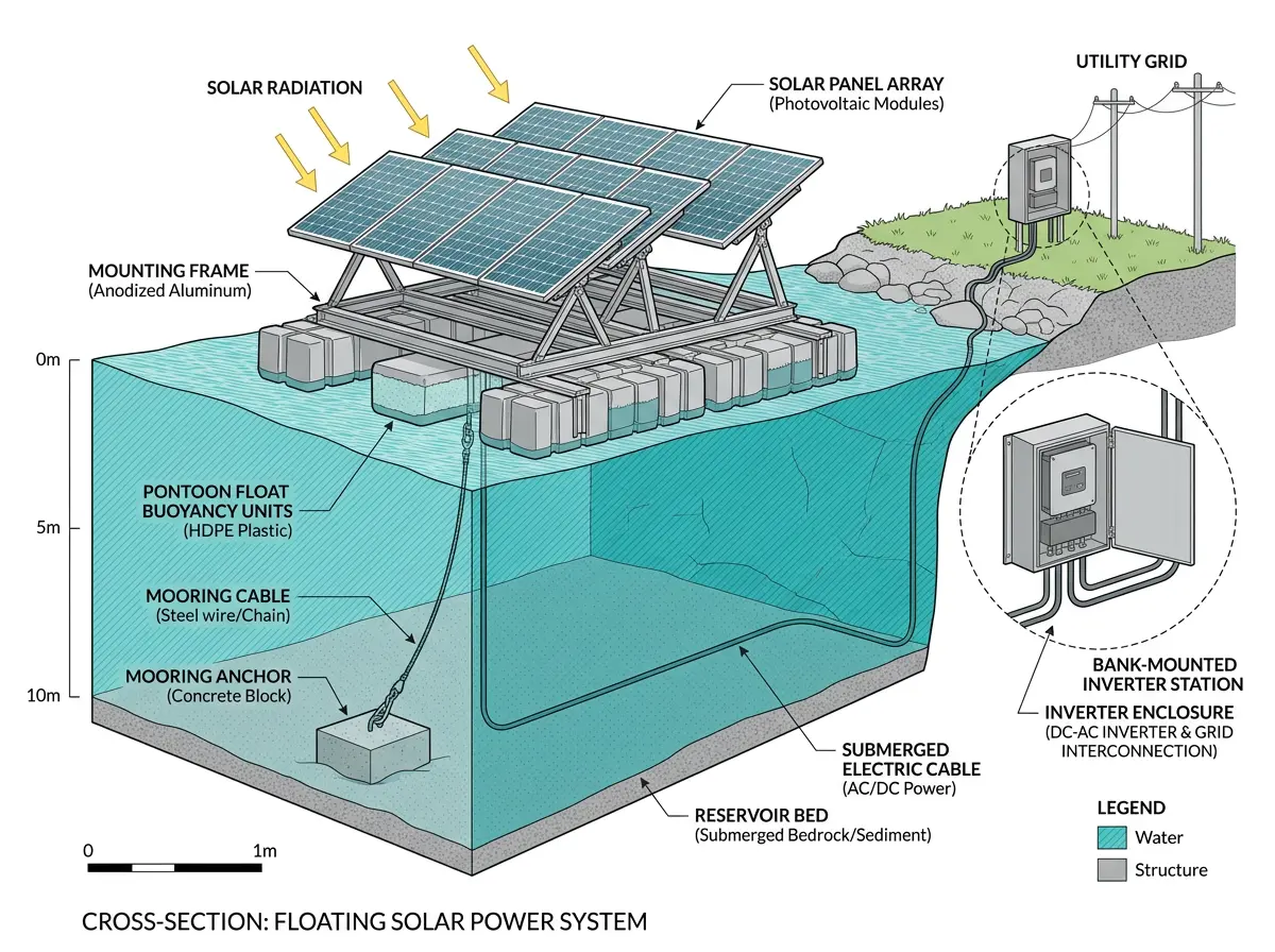 Cross-section diagram of a floating solar panel system — solar panels on pontoon floats moored to the reservoir bed with underwater cables