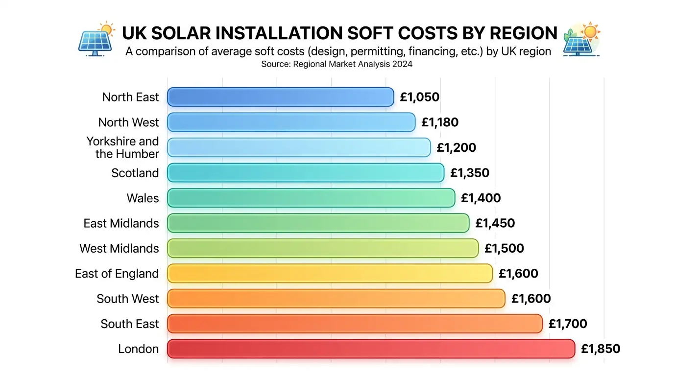 UK solar soft costs by region — horizontal bar chart showing North East cheapest and London most expensive