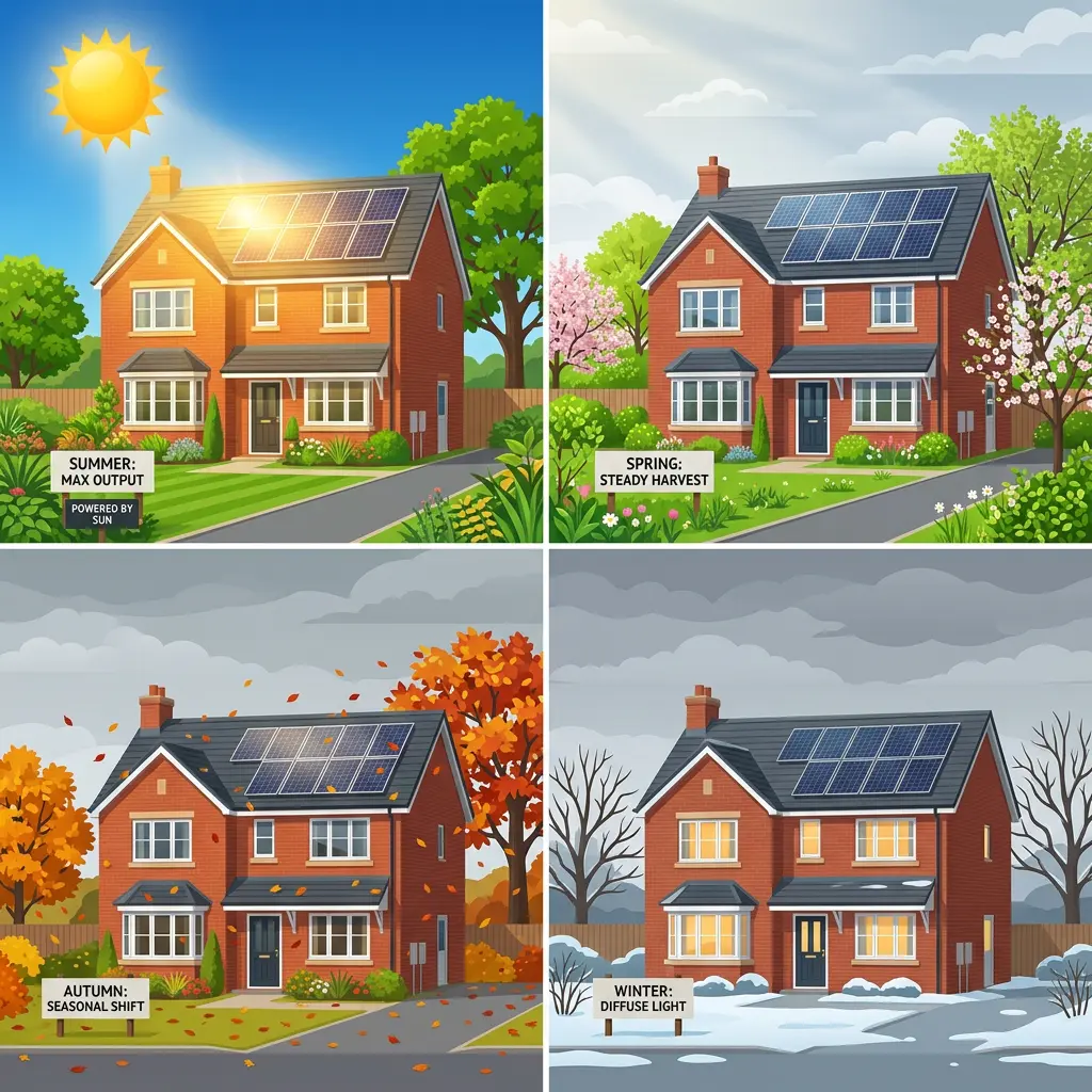 Seasonal solar comparison for UK homes — summer generates far more than winter, spring and autumn are intermediate