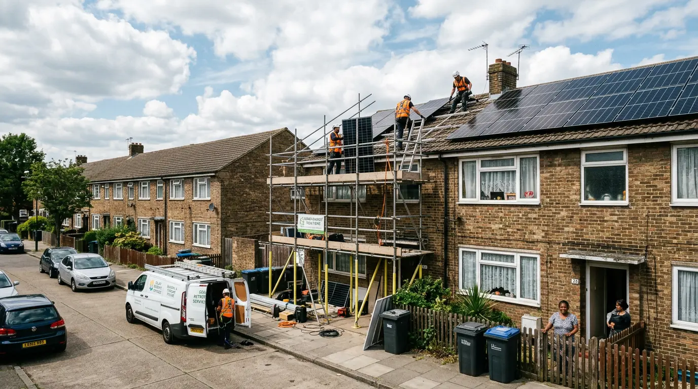UK social housing estate being retrofitted with solar panels under the Social Housing Decarbonisation Fund