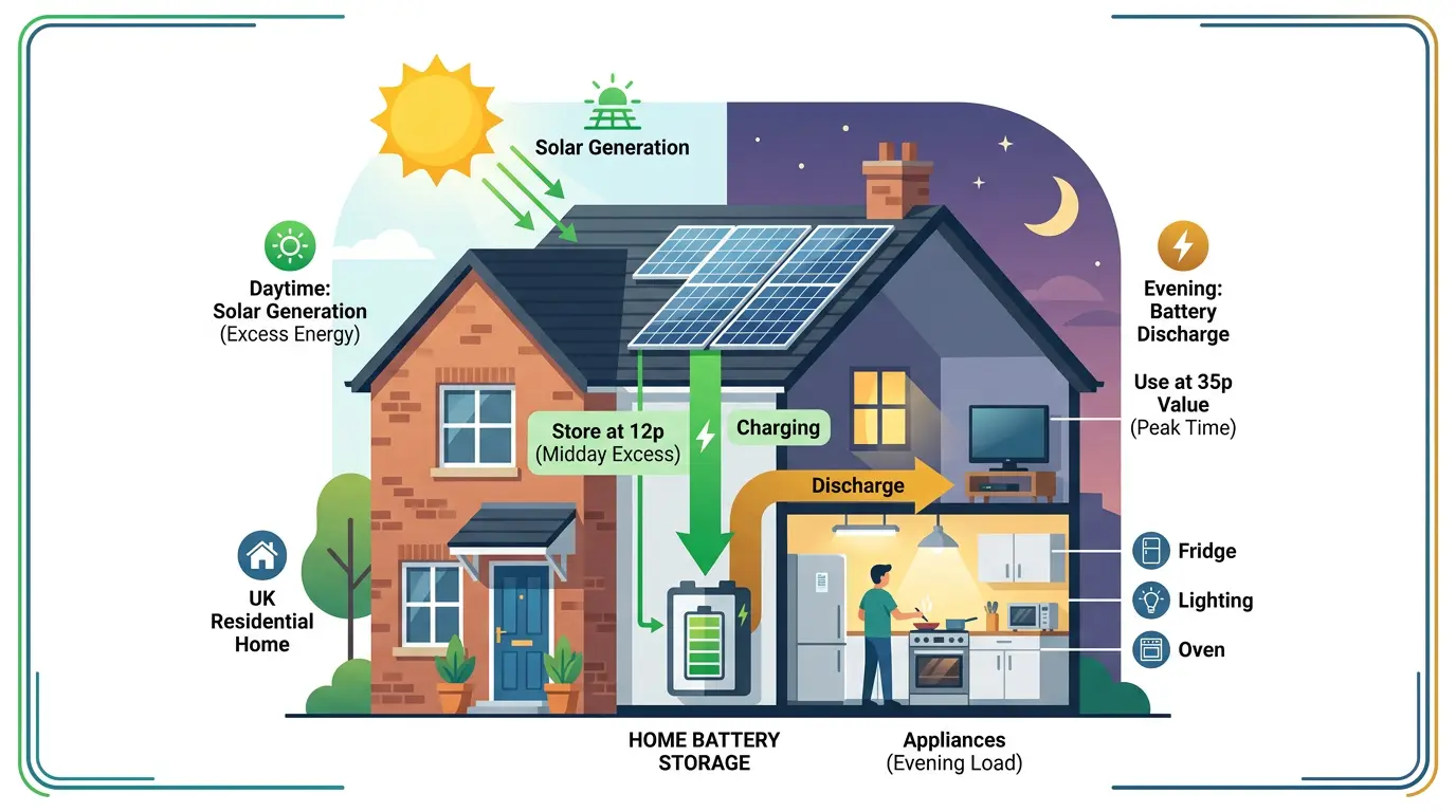 How a home solar + battery storage system works: solar panels generate electricity at midday, excess energy is stored in the battery, then discharged during the expensive evening peak