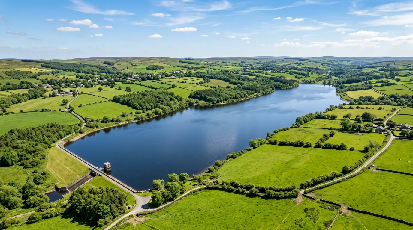 Aerial view of a UK reservoir — untapped potential for floating solar panels that could power over a million homes