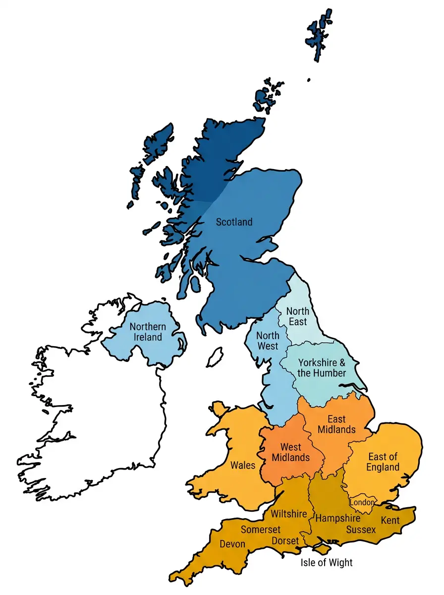 UK solar generation intensity map — South West and South England generate the most solar energy, Scotland the least